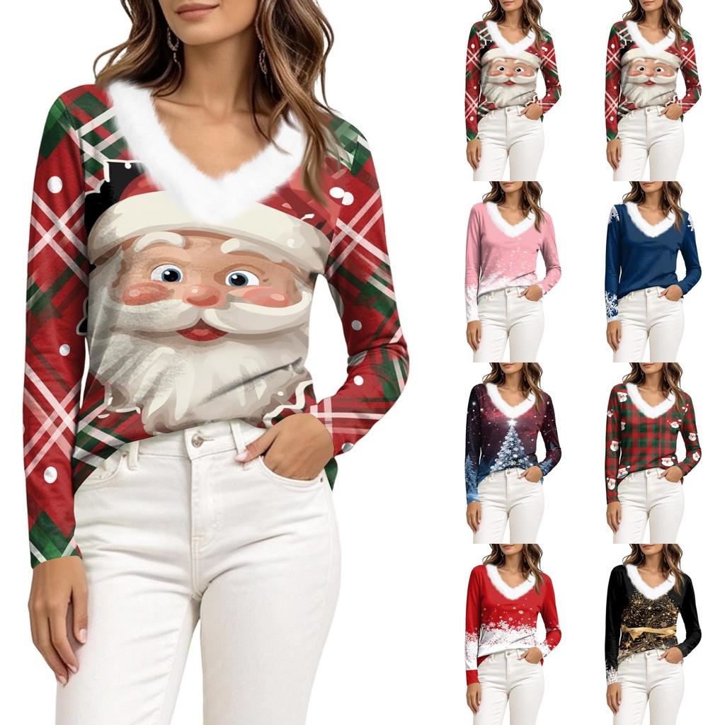 Women's Long Sleeve V-Neck Christmas Top with Collar, Snowflake and Christmas Tree Print