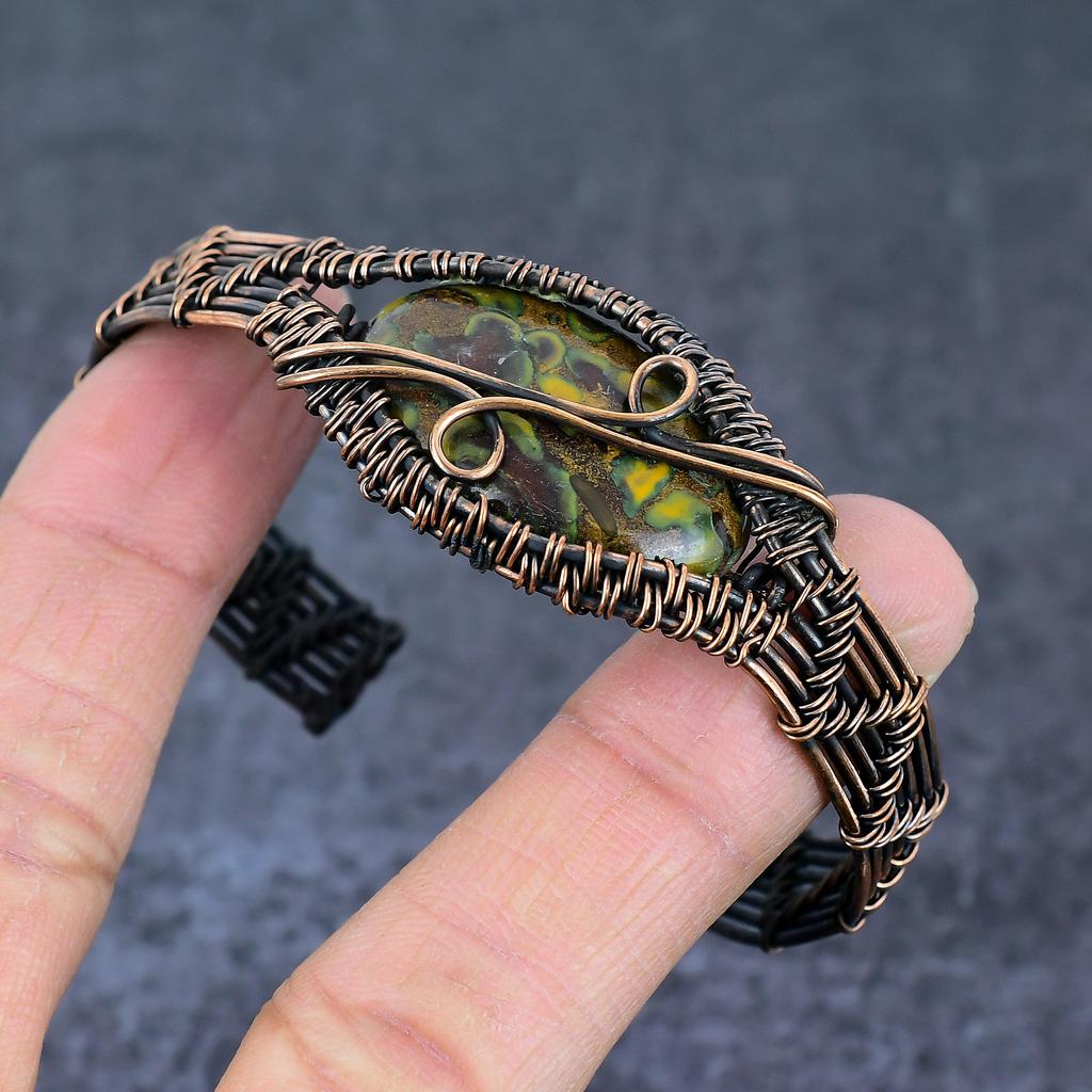 Piatră prețioasă Jasp de Fructe Natural, Manșetă Bratara Reglabilă, Înfășurată cu Sârmă de Cupru c3c33