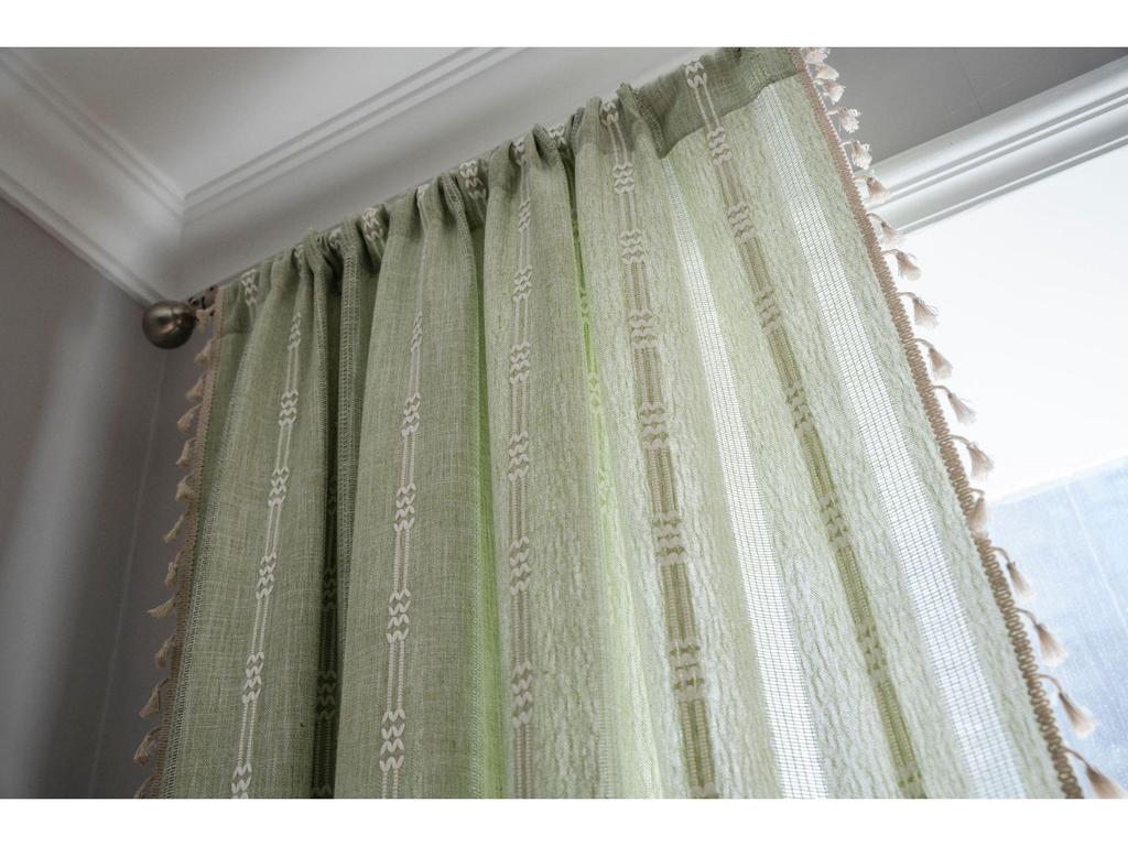 Imaqi Yun Green Striped Embroidered Semi-Blackout Curtains for Kitchen & Living Room