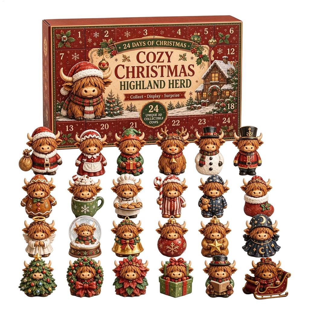 2026 Cute Highland Cow Advent Calendar 24 Days Christmas Countdown Mini Highland Cow Figurine Christmas Gift Navidad Home Decor