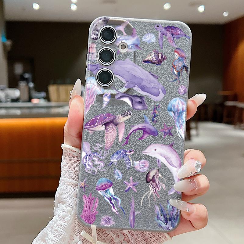 Trendy Ocean Style Whale Pattern Case For Samsung S26 S25 S24 Ultra S23 S22 S21 FE A15 A16 A17 A35 A36 A37 A54 A55 A56 A57 5G Leather Texture Cover