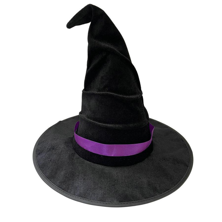 Halloween gerüschter schwarzer Hexenhut, Samt-Zaubererhut mit Fledermaus-/Stern-Dekor, Kostümzubehör für Party und Cosplay