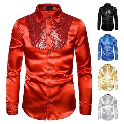 Men Sequin Dress Shirt Shiny Metallic Wedding Shirt Lapel Long Sleeve Button-Down