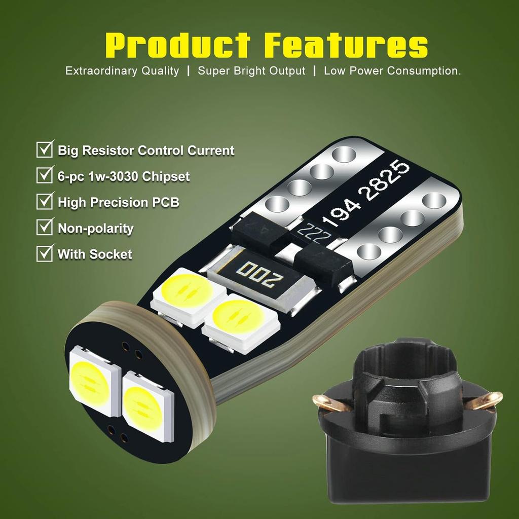 12V White T10 W5W 158 168 194 2825 trument Cluster Light LED Bulb Replacement For Dashboard Dash Panel Gauge Indicator Lamp with Socket Cross PC168