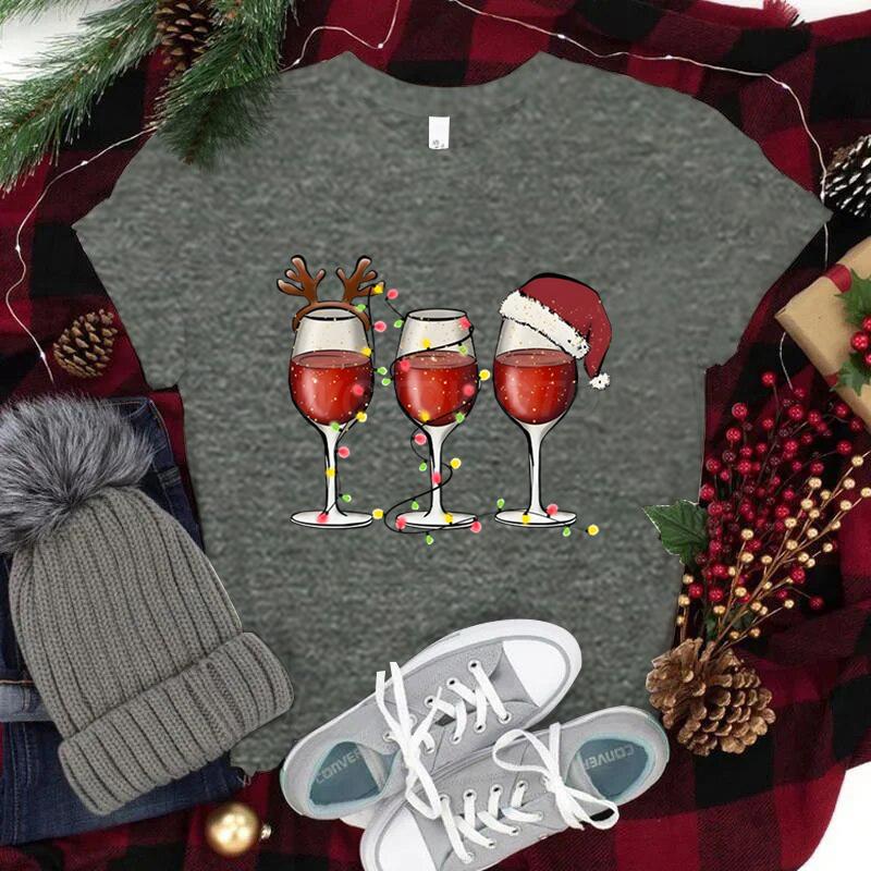Women Wine Glass Christmas Hats T Shirt Lights Xmas Gifts Cartoon Top Happy New Year Tshirt Harajuku Fashion Womens Clothing