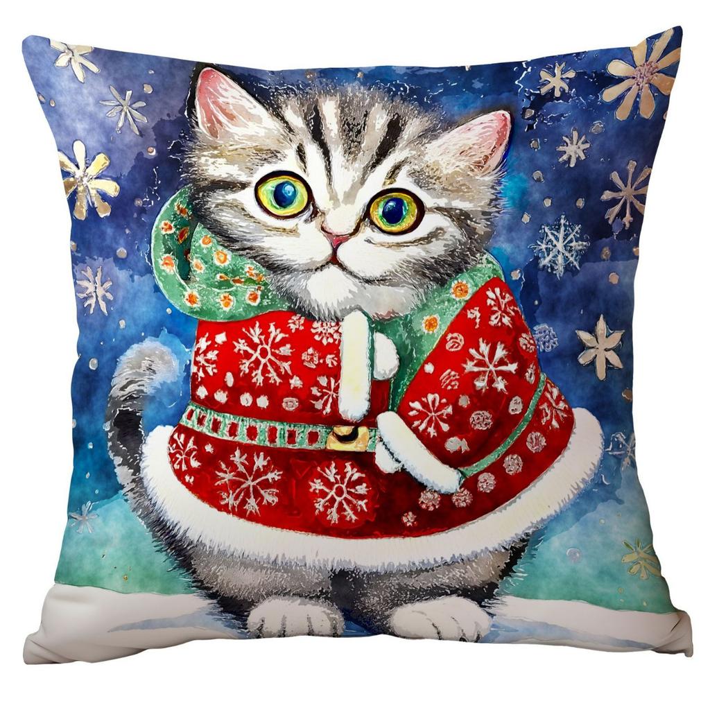 New Cartoon Christmas Pillowcase Christmas Watercolor Cat Creative Watercolor Holiday Home Pillow Pillowcase