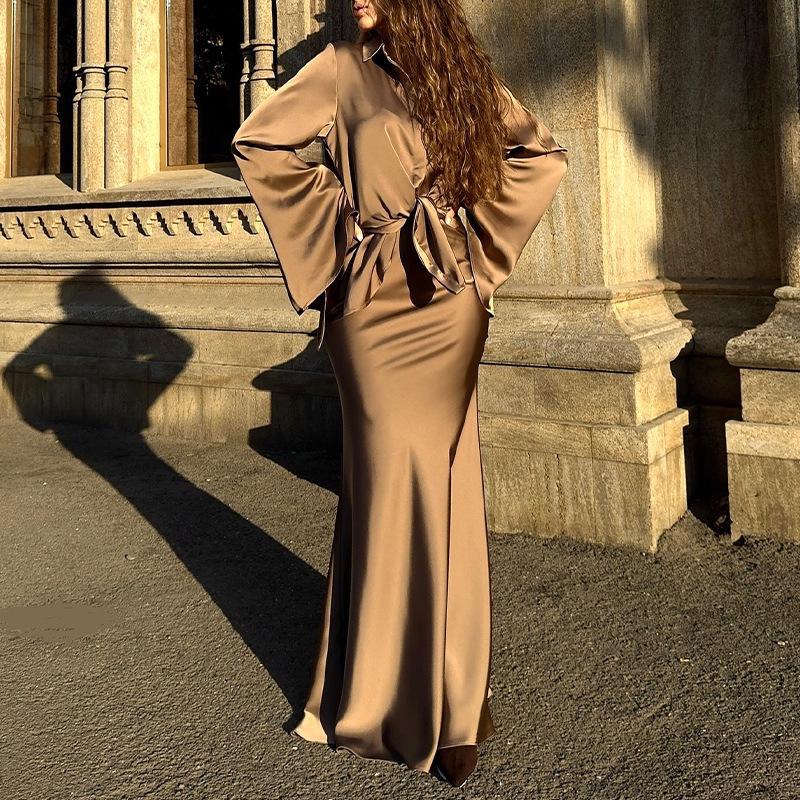 2025 Autumn European & American Satin Shirt and Bodycon Skirt Set with Flared Sleeves and Turn-Down Collar for Women