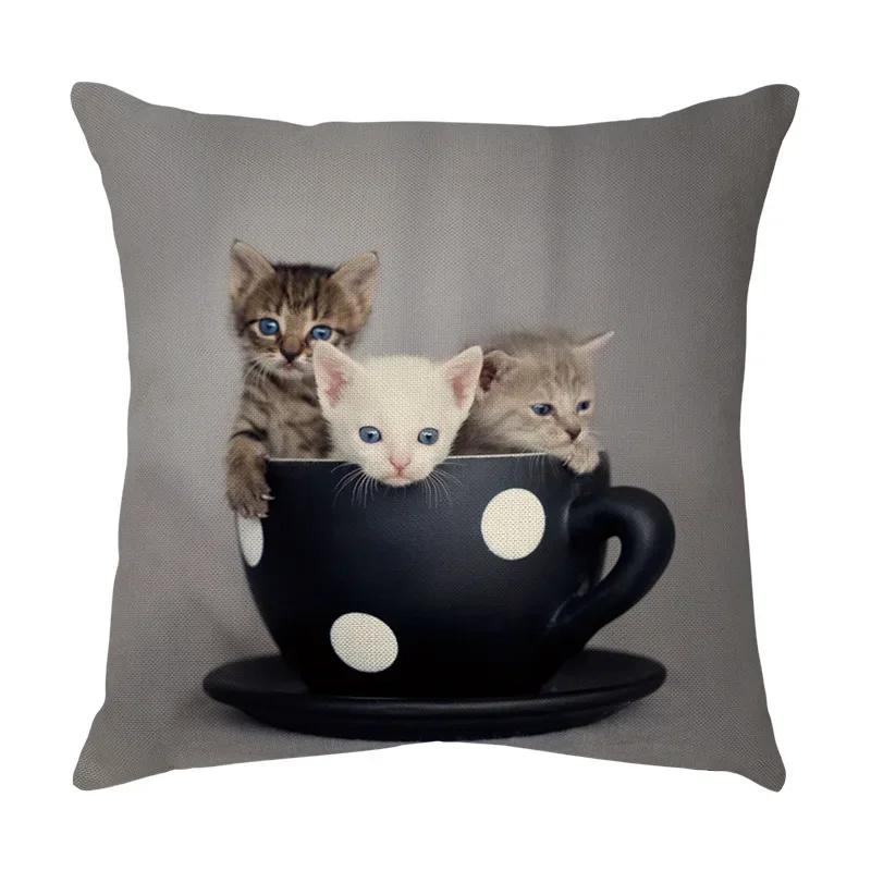 45x45cm Cute Pet Cat Face Decorative Animal Cushion Cover for Sofa Vintage Home Couch Linen Pillows Case