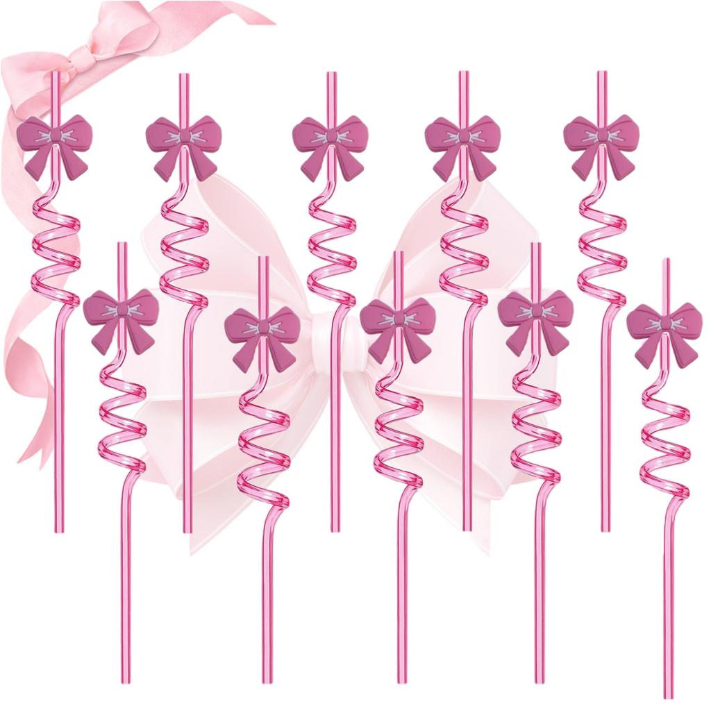 Reusable Spiral Drinking Straws with Bow Design Plastic Material for Parties Birthdays Weddings Events Set of 8 Pieces