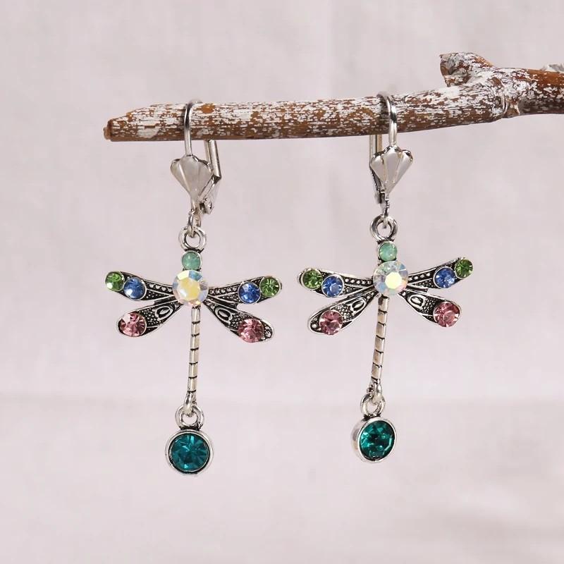 Elegant Personalized Carved Dragonfly Earrings Seven Colored Gems Hook Drop Earrings Wedding Engagement Earrings for Women