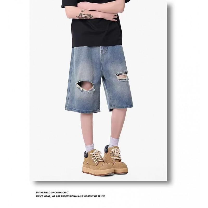 Vintage Distressed Denim Shorts Men Women Loose Straight Leg Streetwear Casual Pants