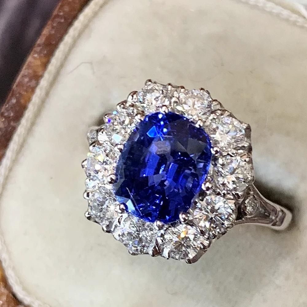 Imitation Natural Royal Sapphire Zircon Ring Women'S Copper-Plated Platinum Luxury Wedding Jewelry