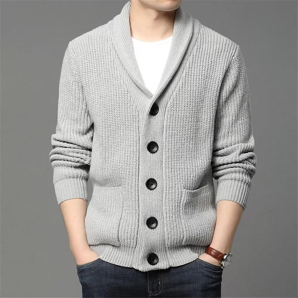 Autumn Winter Men's Thickened Button Cardigan Wool Sweater Green Fruit Collar Sweater Jacket V-neck Solid Color Casual Knitted Sweater