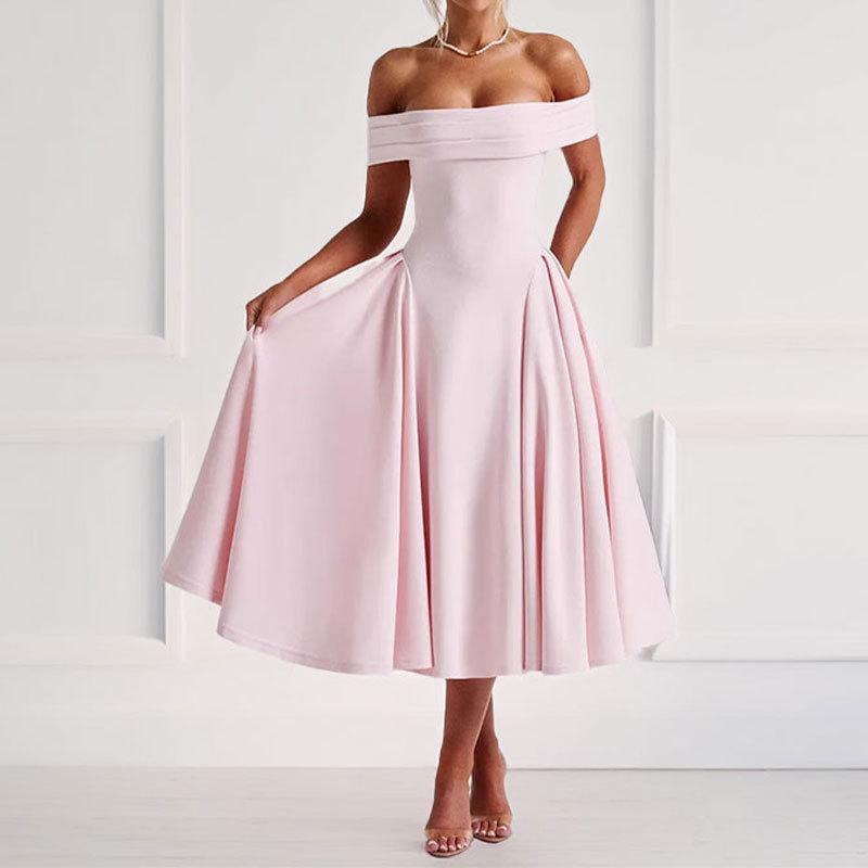 New Warm Season Trendy Women Clothing Elegant Temperament Solid Color Off-shoulder Waist-hugging Fashion Dress
