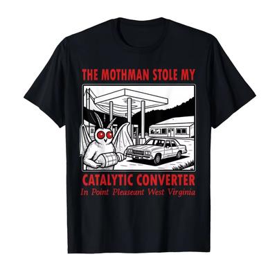 The Mothman Stole My Catalytic Converter Retro Funny Spooky T-shirt for Men Women 100% Cotton T Shirts Short Sleeve Tops
