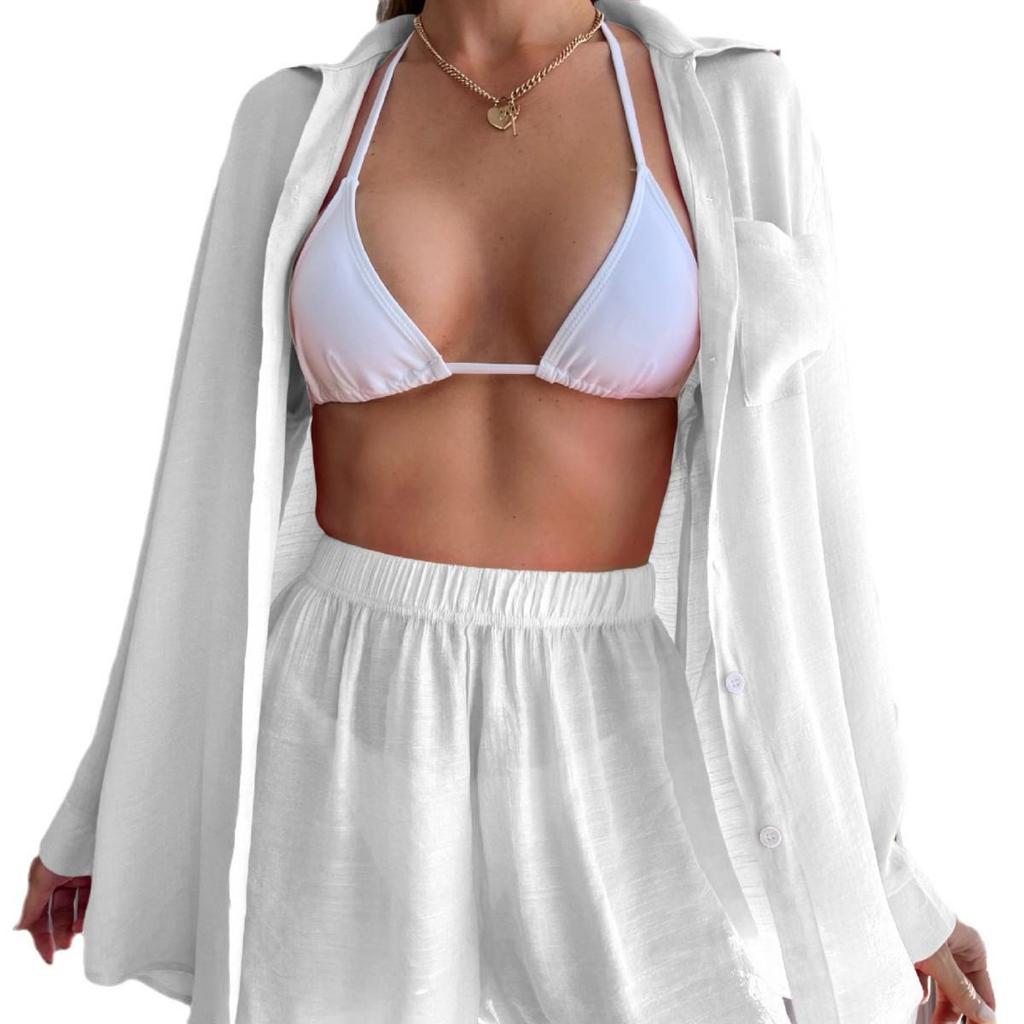 2023 Women's Sexy Loose Beach Cover-up Set - Casual Short Sleeve Sun Protection for Bikini