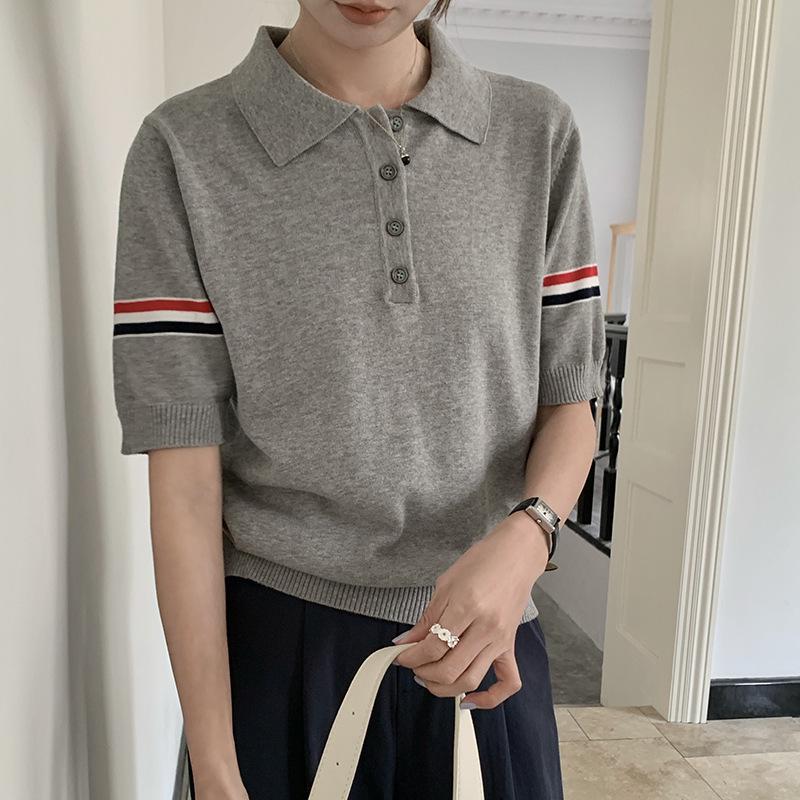 

2025 Summer Unisex Cotton Polo Shirt with Knit Lapel and Color Stripe Short Sleeves Large сірий колір