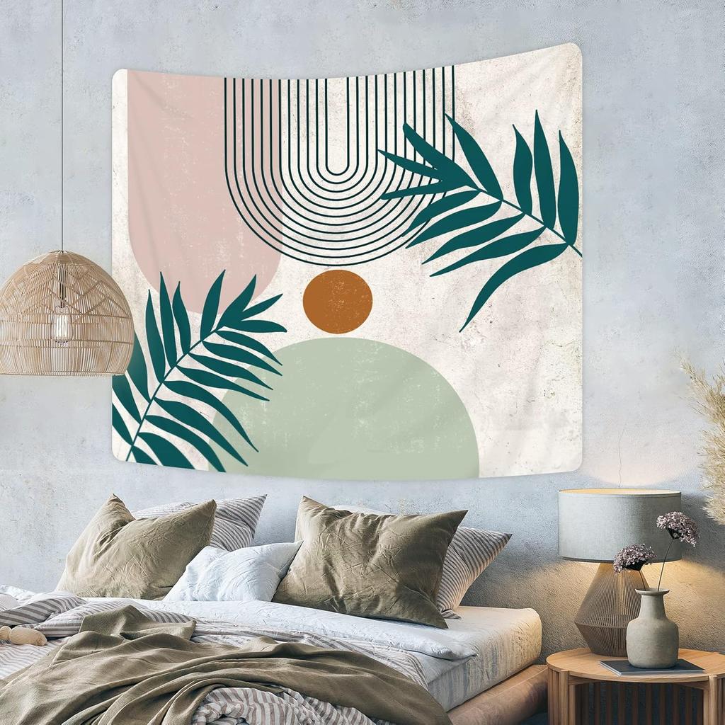 Mid Century Abstract Tapestry Boho Minimalist Sun Arch Leaves Wall Hanging Pink Green Beige Aesthetic Neutral Geometric Modern