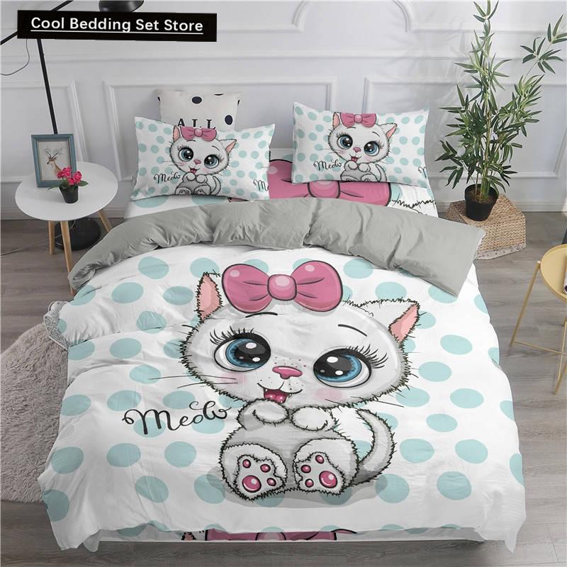 Cartoon Bedding Set Cute Cats Printed 3D Duvet Cover Set Twin Full Queen King Double Sizes Pillowcase Bedclothes Soft Polyester