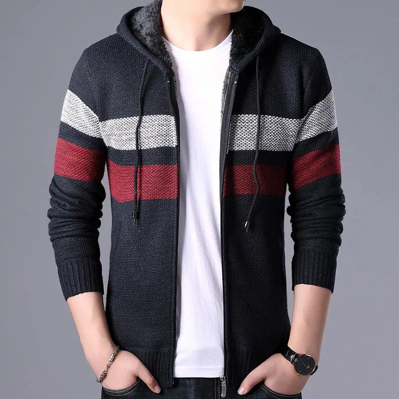 2025 Autumn Winter Men Casual Striped Sweatcoat Men Thick Fleece Warm Sweater Male Casual Stand Collar Zipper Cardigan