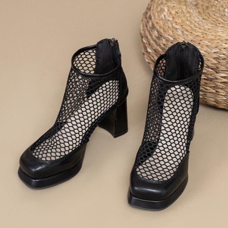 

Модные крутые ботинки на высоком каблуке Летний новый стиль Круглый носок Сетчатые дышащие Задняя молния Водонепроницаемые На платформе Нескользящие Ботильоны 41