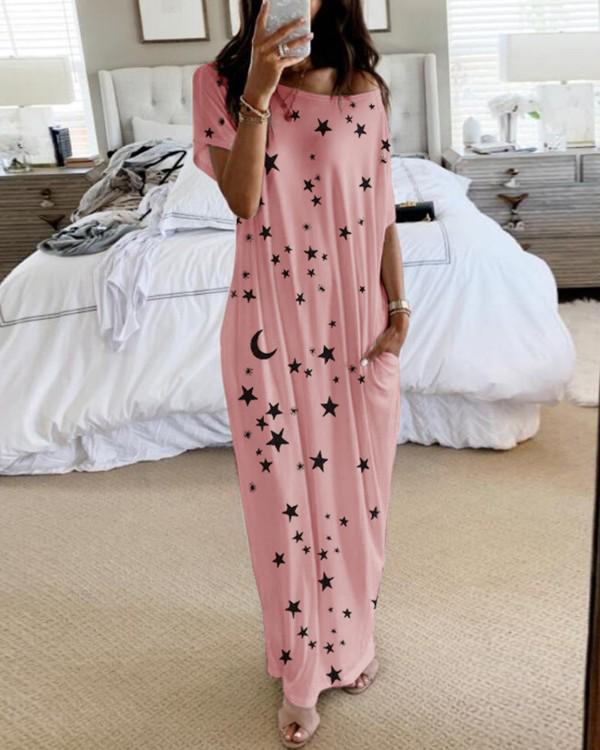 Women's Star Moon Print Short Sleeve Long Dress - European and American Style
