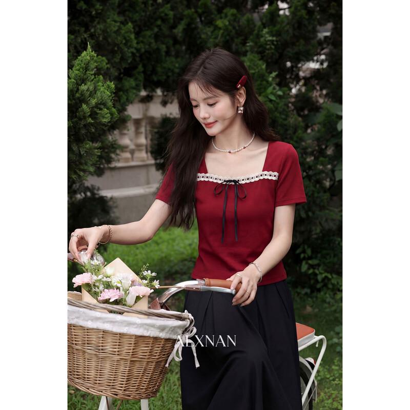 Women s French Retro Square Collar Bow Short Sleeve T-Shirt S