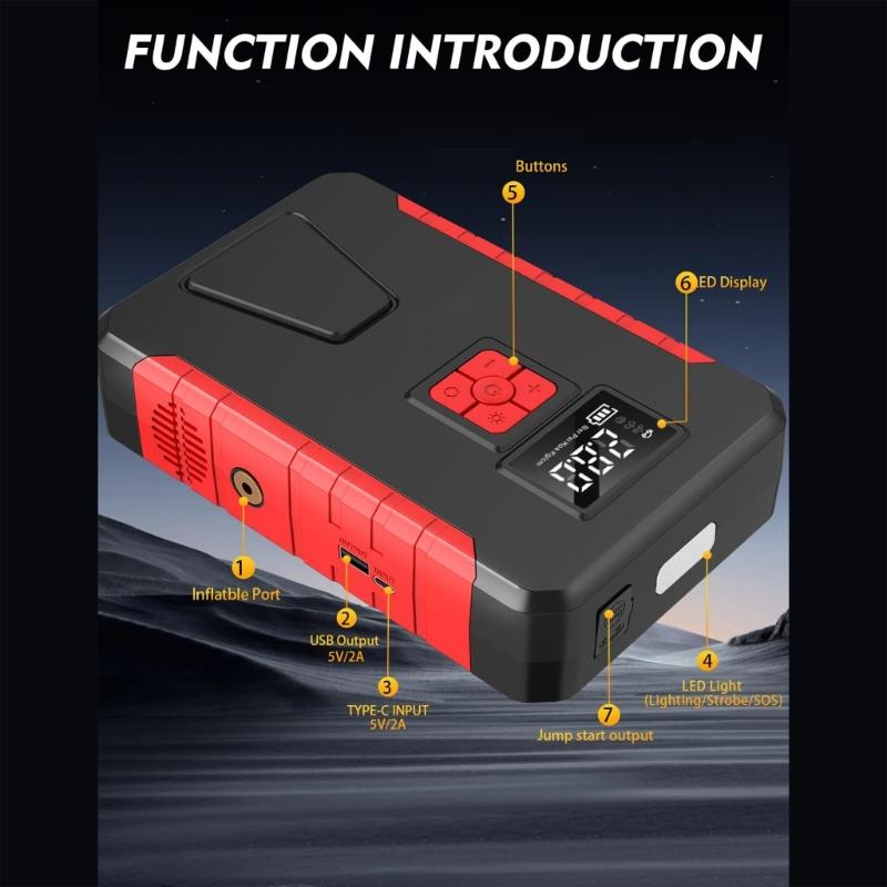 12V Automotive Battery Booster With Air Compressor 1200A Quick Start For Cars SUVs Trucks Portable
