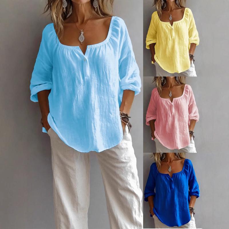 2026 New Women's Casual V-Neck Long Sleeve Loose Solid Color Simple T-Shirt