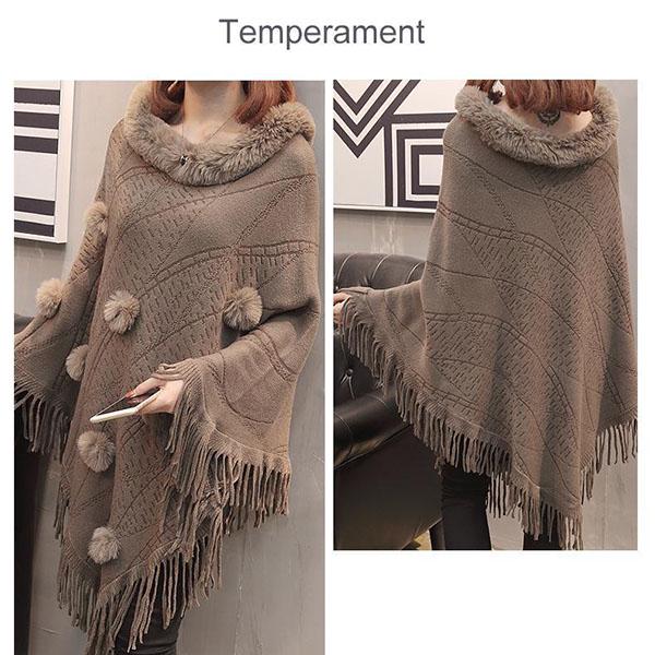 Women's Loose Sweater Outer Wear Fur Collar Batwing Sweater Hand-woven Tassel Cloak Knit Shawl Autumn Winter