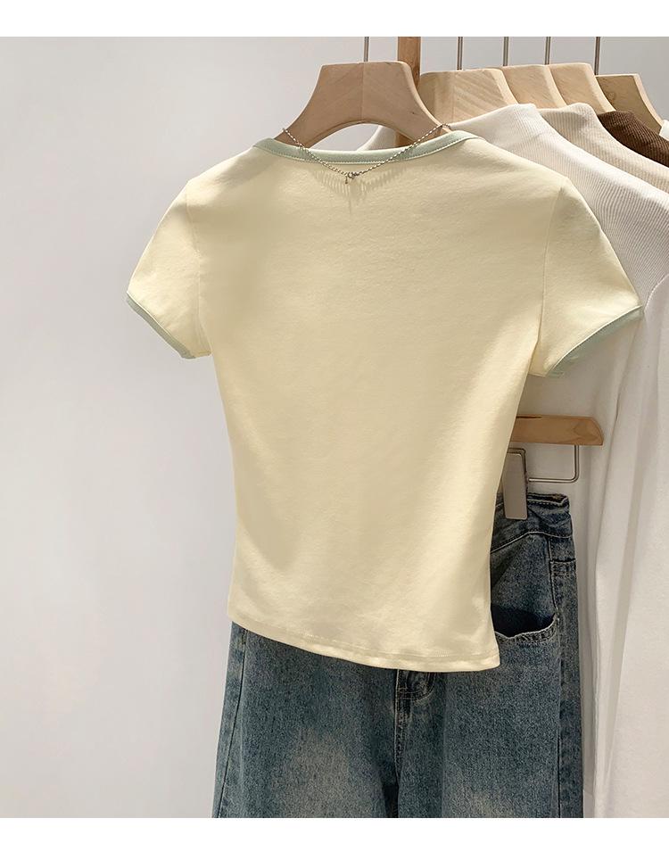Women's Contrast Square Neck Short Sleeve Cropped T-shirt, Summer 2026 Style, Petite, Slimming, Pure Desire