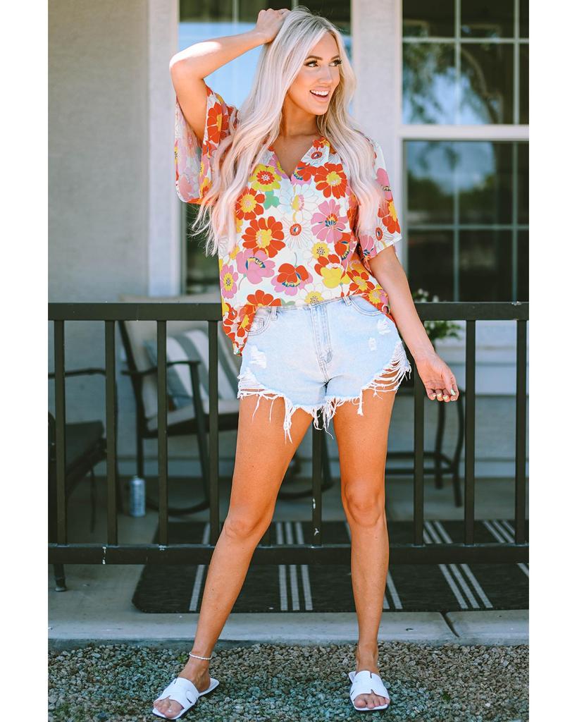 Azura Exchange Abstract Print V Neck Half Sleeve Blouse