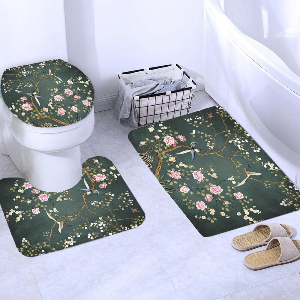 Chinese Style Flowers And Birds Waterproof Shower Curtain Set Toilet Seat Cover Bath Non-Slip Mat Rug Carpet Bathroom Decor