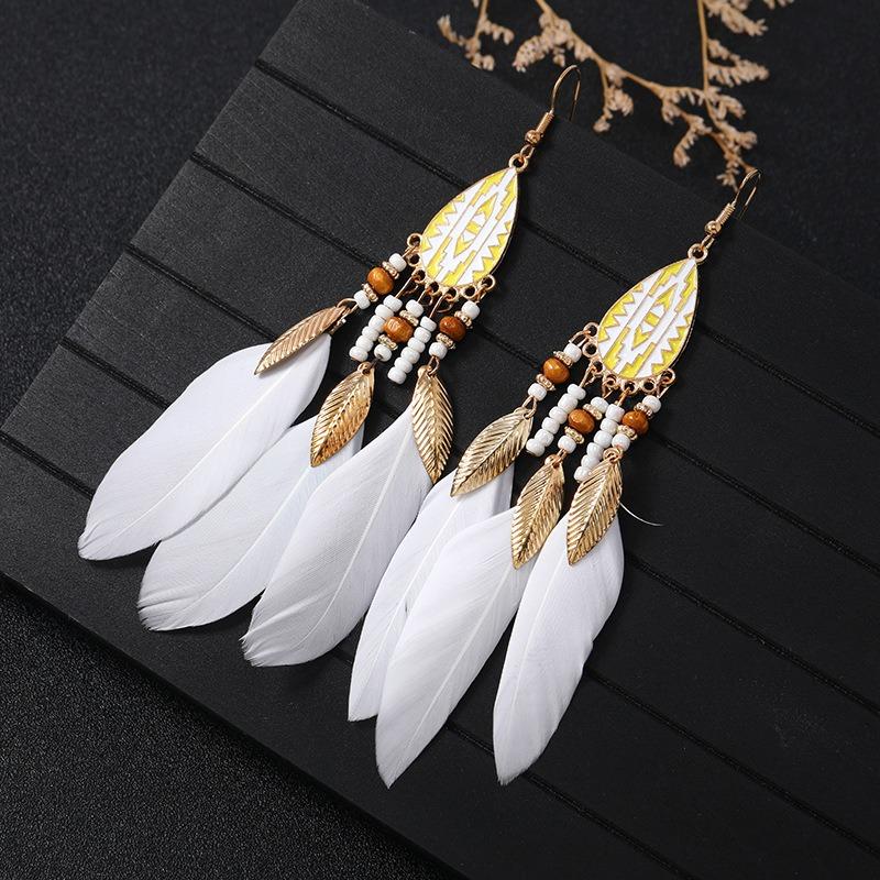Retro Feather Fringed Earrings Women's Niche Personality Bohemian Blue Long Yunnan Travel Photography Earrings