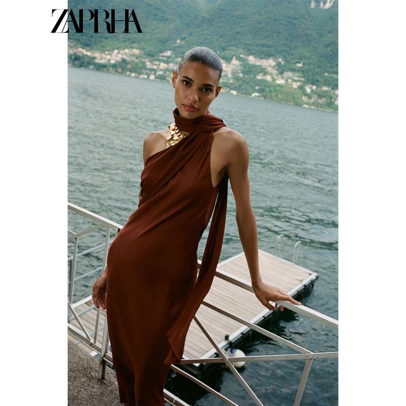 Zaprha 2025 Summer New Asymmetric Scarf Side Fold Design Midi Dress 5029170