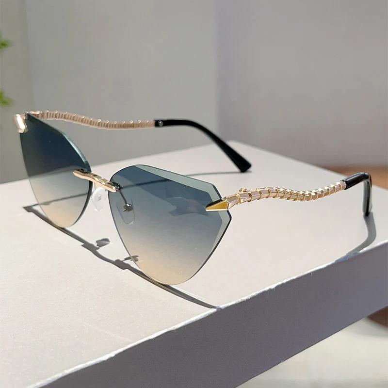 Rimless Cat Eye Sunglasses Women  New Stylish Vintage Gradient Casual Shades Trendy Luxury Brand Design Sun Glasses