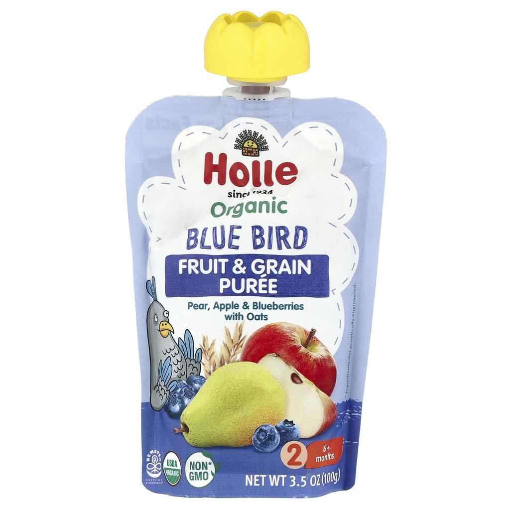 Holle, Organic Fruit and Grain Puree, Bluebird, 6+ Months, with Pear Apple and Blueberry, Oats, 3.5 oz (100 g)