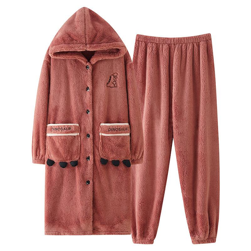 nightgown women's buckle autumn and winter thickened fleece flannel long pajamas coral fleece thermal bathrobe morning gown with pants