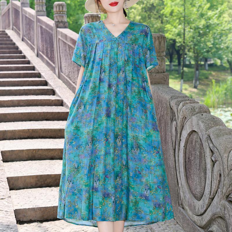 Elegant Women's Summer Dress Plus Size Short Sleeve Casual Loose Long Dresses Vintage Clothes