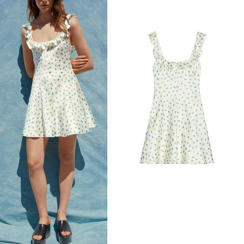 Summer New Product Women's Clothes Sweet Style Ruffles Silk Satin Texture Print round Neck Dress 2940067