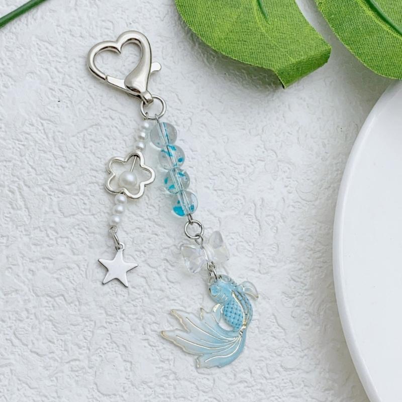 Goldfish Bead Charm Keychain with Star Bowknot Handmade Acrylic Keyring Pendant Fashion Accessory for Bags Backpacks