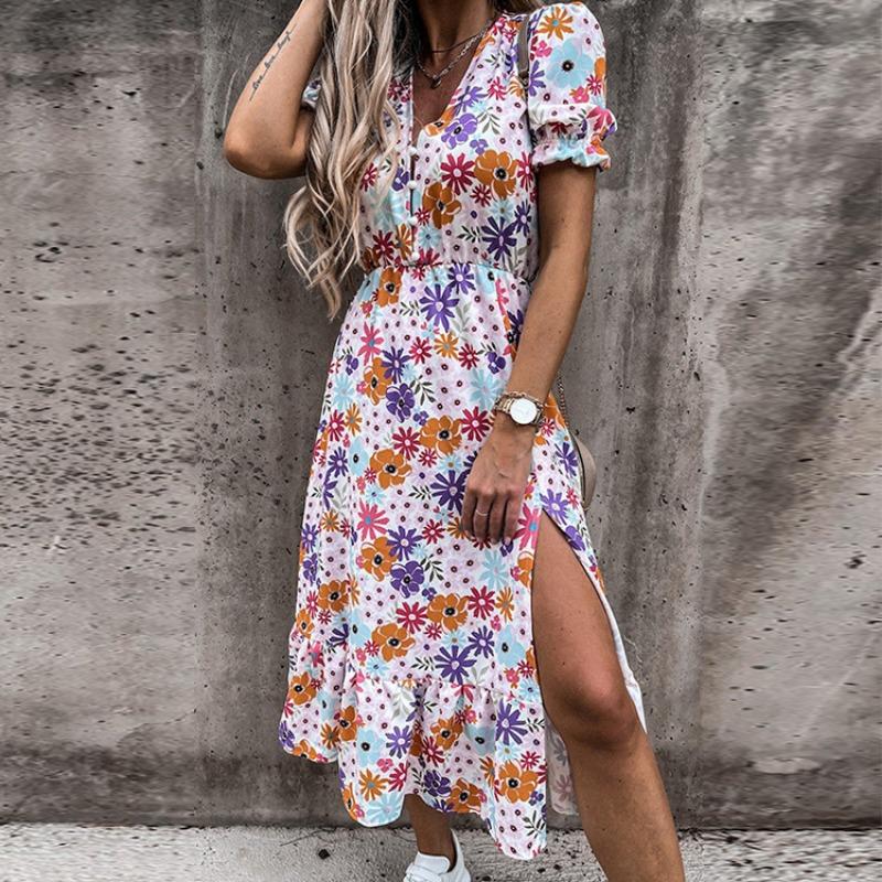 Womens Boho V-Neck Floral Midi Dress Summer Short Sleeve Beach Party Sundress