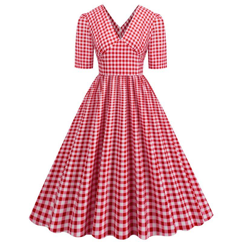 2023 Plaid Waist-Cinching Retro Hepburn Style Dress with Large Hem