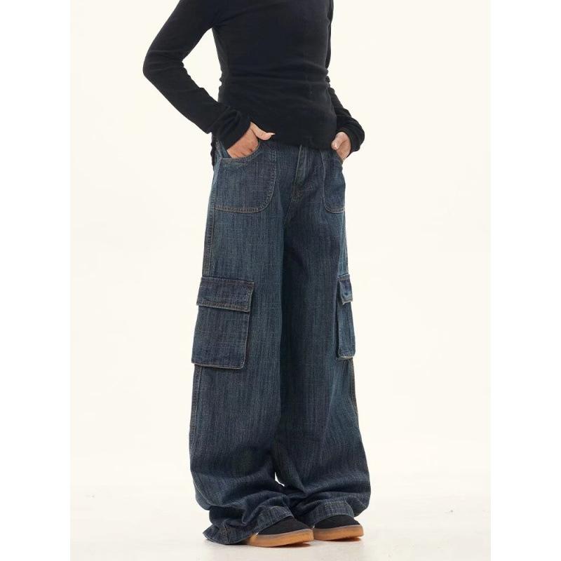 JYL Unisex Cargo Pants American Vintage Multi-Pocket Autumn Washed Casual Denim L амазонка