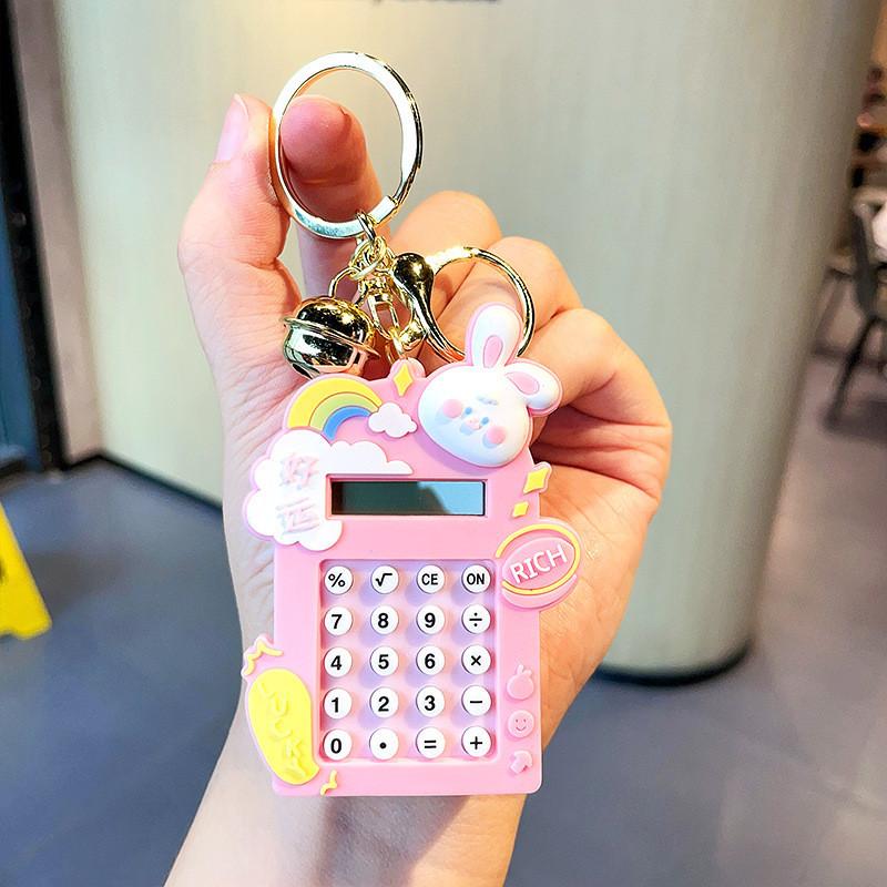 Rainbow Bunny Pink Calculator Keychain Soft Rubber Adorable Keyring For Girls Teens And
