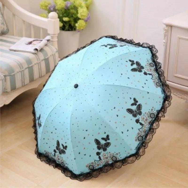 Butterfly Lace Printed Sunshade Umbrella For Both Rain Triple Fold Wind Resistant And Sun Resistant Black Rubber Umbrella
