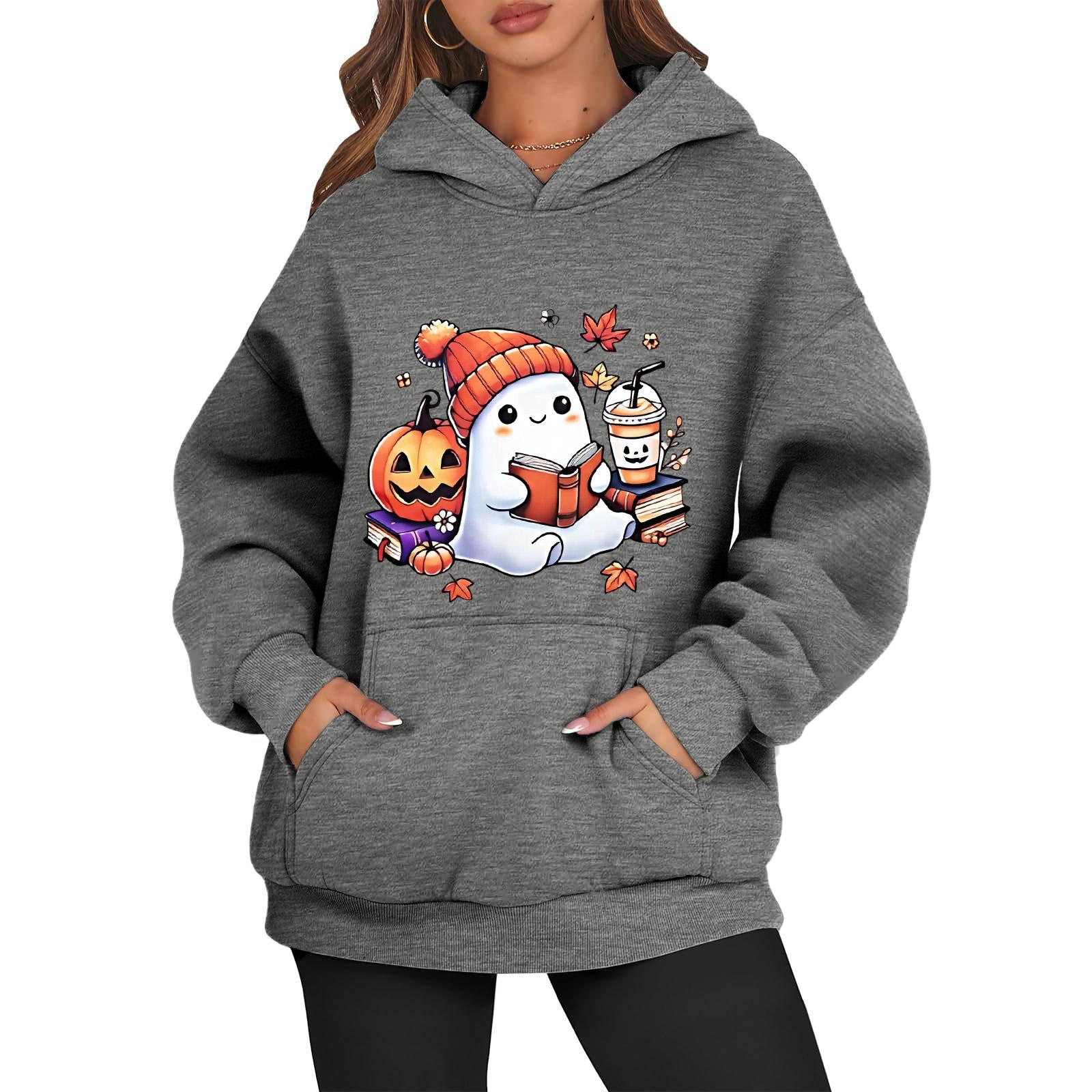 Autumn Penguin Hoodie for Women, Cute Fall Pumpkin Graphic Sweatshirt, Warm Casual Pullover with Pockets XXL