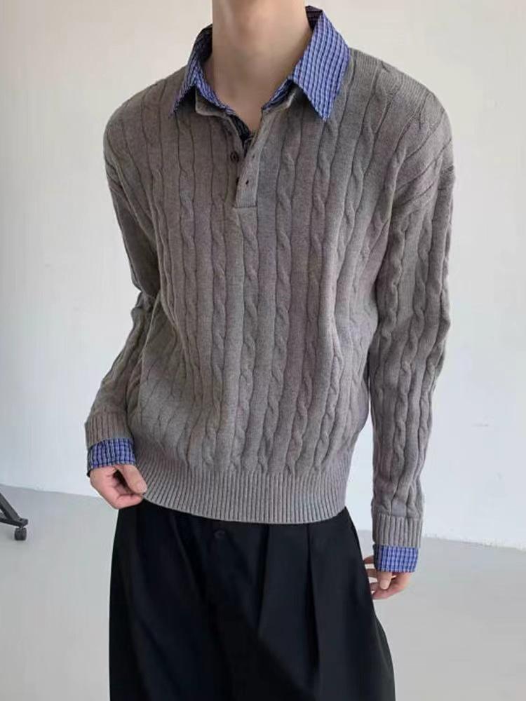 Men s Retro Faux Two-Piece Cable Knit Polo Collar Sweater for Autumn/Winter XL серый