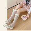 Japanese Style Ruffle Lace Trim Over the Calf Socks for Women Cute Ribbon Bowknot Hollowed Out Heart Fishnet Stockings