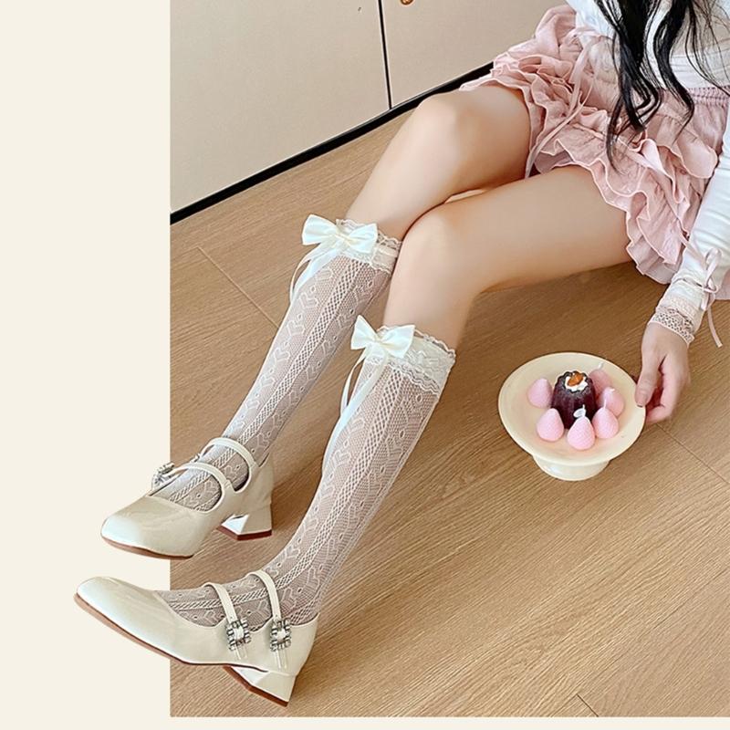 Japanese Style Ruffle Lace Trim Over the Calf Socks for Women Cute Ribbon Bowknot Hollowed Out Heart Fishnet Stockings